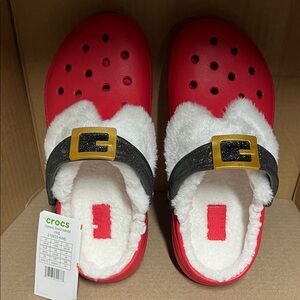 CROCS Red Holiday Clogs with White Fur and Black Strap